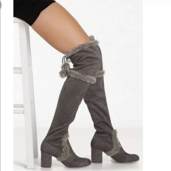 Charles By Charles David Grey Faux Fur Trimmed Over-the-Knee Boot - Picture 1 of 10